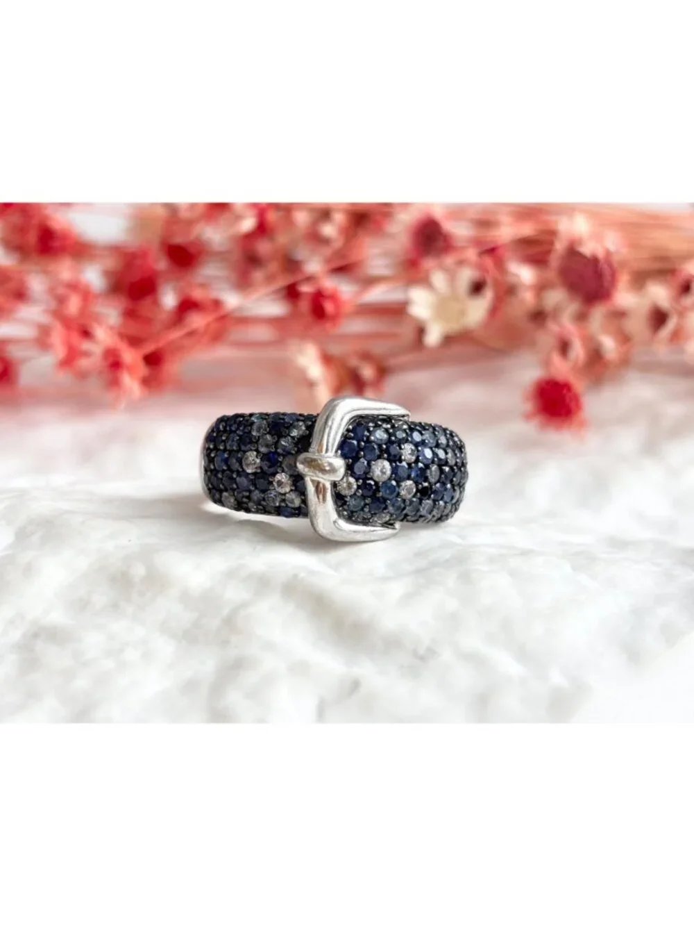 Belt Buckle Multi Shade Blue Topaz Cluster Sterling Silver 925 Vintage Ring sz 9